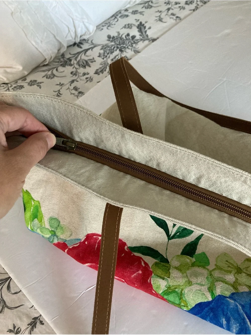 Cott n Curls / Canvas tote with flowers painted on front